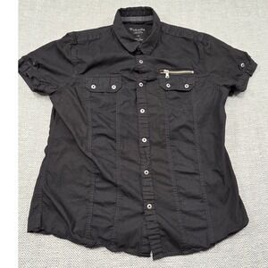 Guess Mens Slim Fit Short Sleeve Utility Button Down Shirt Black Large